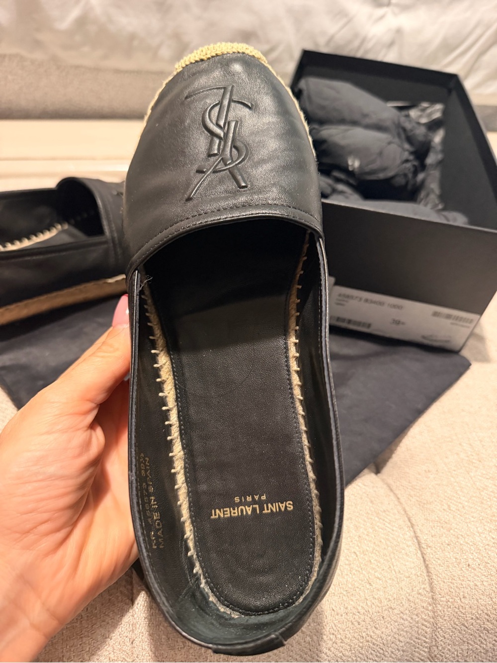 Saint Laurent Black Leather Espadrille Mule with YSL Embossed Logo
